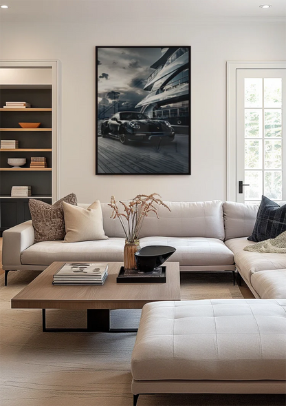 Black Porsche 911 at Yacht Luxury Harbor Dramatic Sky Painting