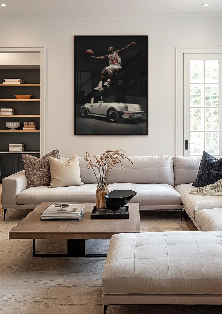 Basketballspieler Slam Dunk Über Weißem Porsche Cabrio Schwarz-Weiß-Gemälde