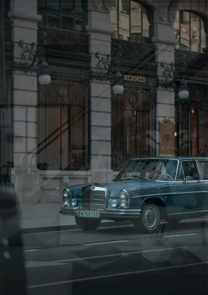 Vintage Blue Mercedes City Street Twilight Nostalgic Retro Car Painting