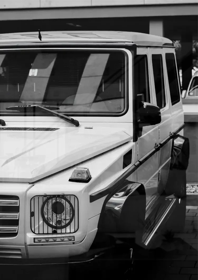 White Mercedes G Class Black and White Close Up Front Painting
