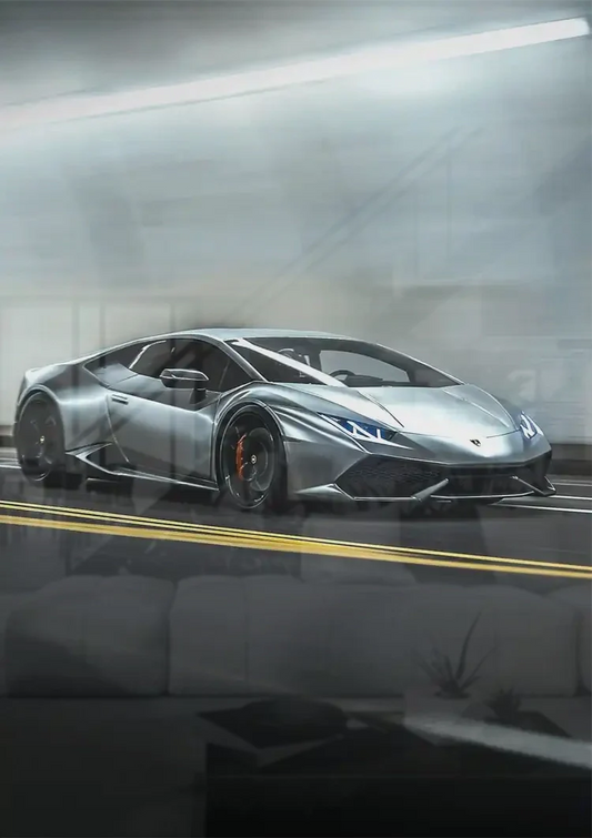 Silver sports car canvas painting on the wall above the bed in the bedroom