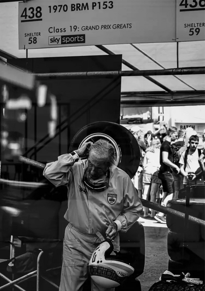 Elderly Driver Removes Helmet Formula 1 Paddock Black White Painting