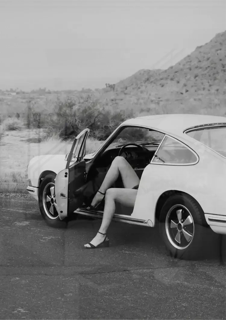 Woman In Vintage Porsche 911 Open Door Desert Landscape Black White Painting