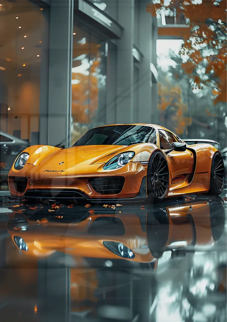 Orange Porsche 918 Spyder Showroom Glossy Floor Painting
