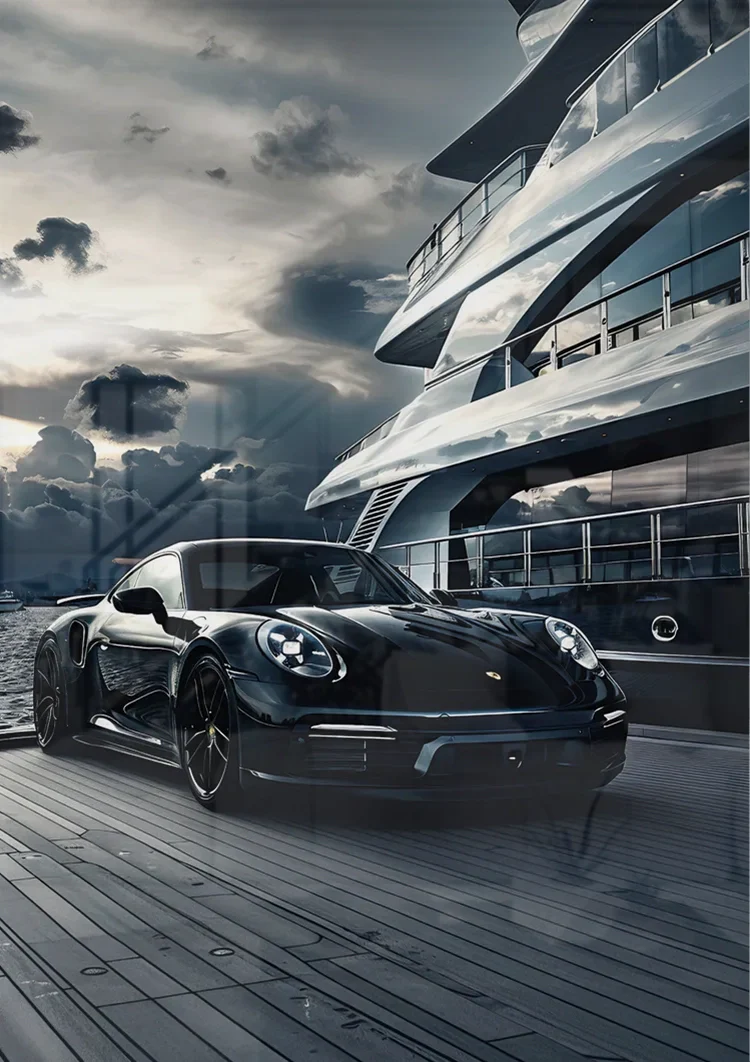 Black Porsche 911 at Yacht Luxury Harbor Dramatic Sky Painting