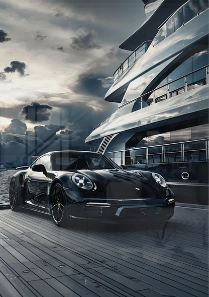 Black Porsche 911 at Yacht Luxury Harbor Dramatic Sky Painting