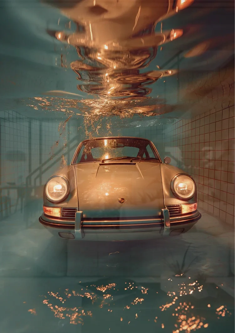 Classic Porsche Underwater Turquoise Gold Surreal Luxury Art Painting