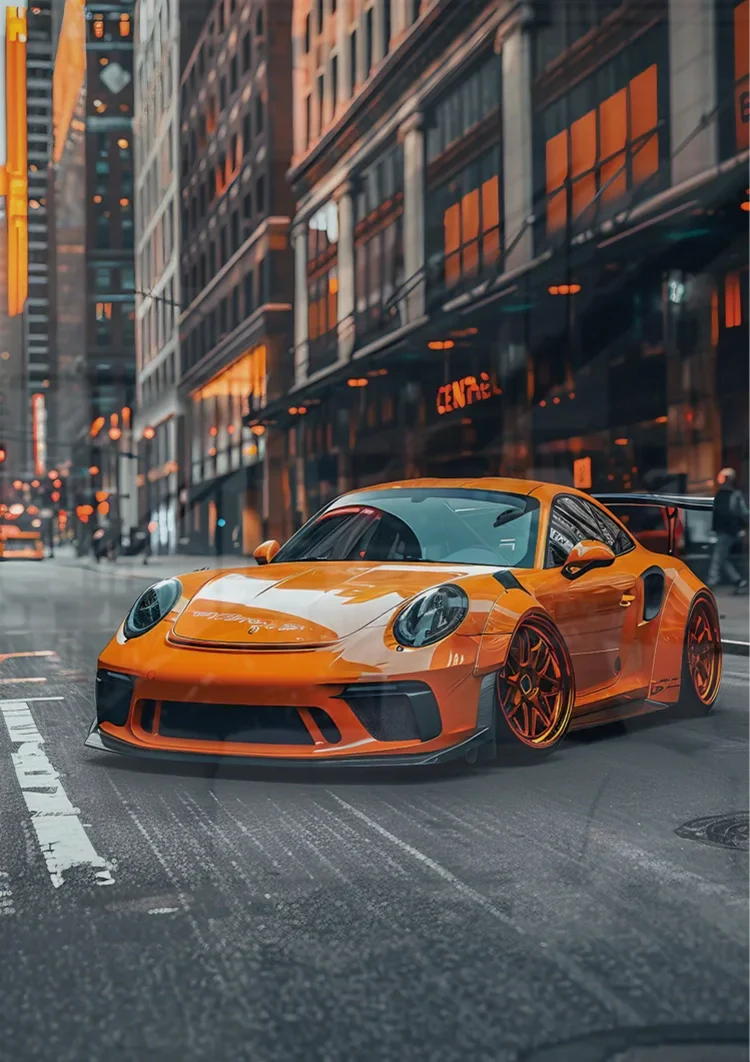 Oranje Porsche Sportwagen Stad Avond Oranje Lichten Luxe Auto Kunst Schilderij