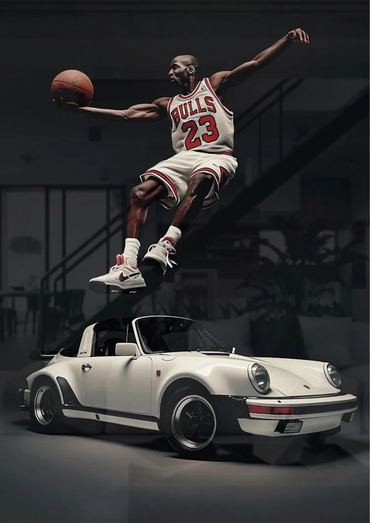 Basketballspieler Slam Dunk Über Weißem Porsche Cabrio Schwarz-Weiß-Gemälde