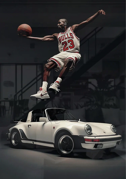 Basketballspieler Slam Dunk Über Weißem Porsche Cabrio Schwarz-Weiß-Gemälde