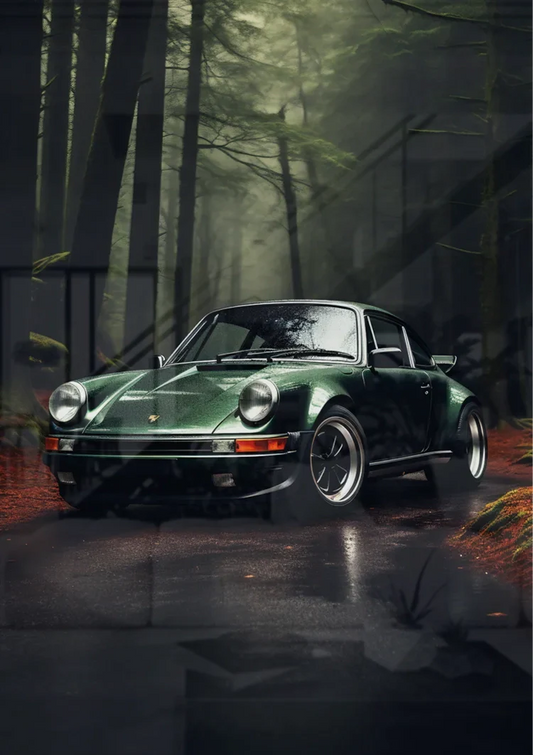 The sports car on the misty forest road canvas painting above the bed in the bedroom