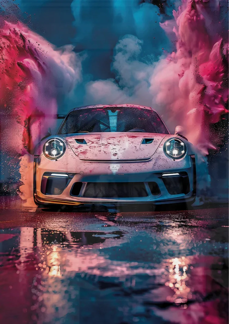 White Porsche GT3 RS Colorful Pink Blue Smoke Clouds Surreal Painting