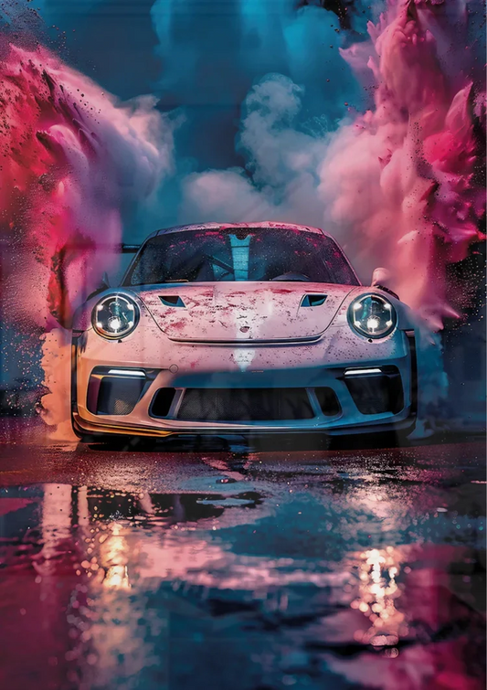The white sports car in the smoke clouds canvas painting above the bed in the bedroom