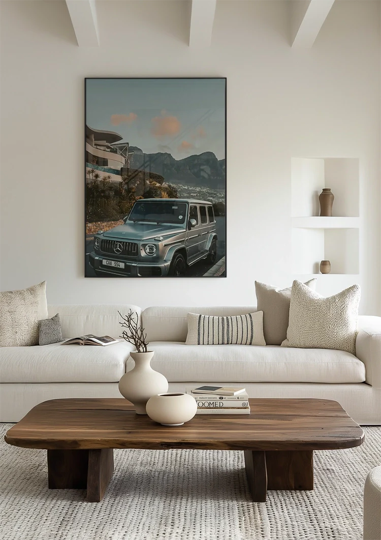 Zilveren Mercedes G63 AMG Berg Zonsondergang Moderne Architectuur Schilderij