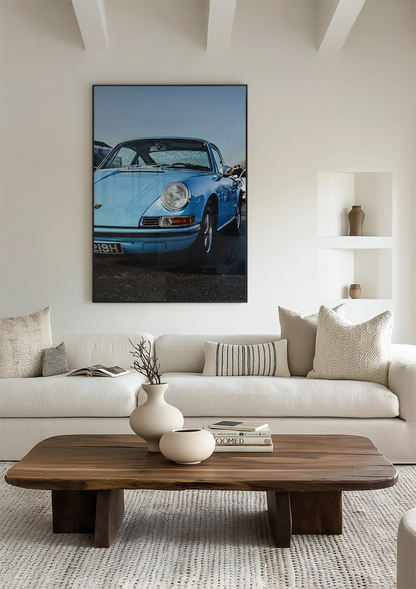 Vintage Hellblauer Porsche 911 Klassisch Sonnenschein Blauer Himmel Gemälde