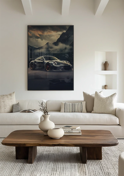 Dark Porsche GT3 RS Dramatic Mountain Landscape Cloudy Sky Painting