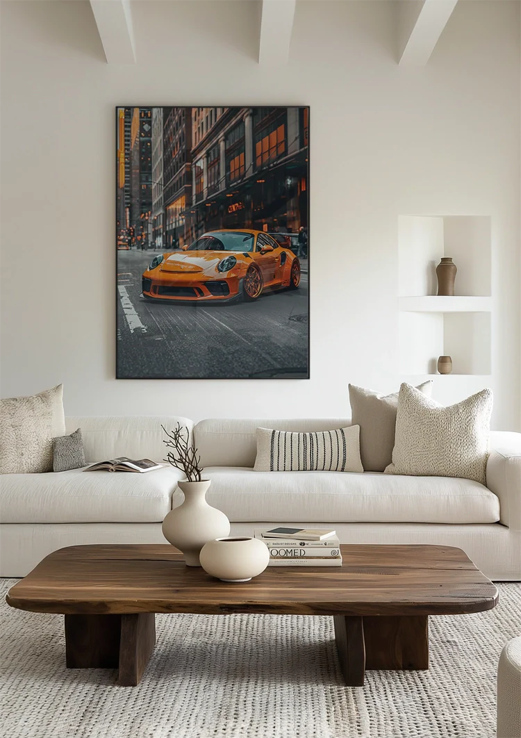 Oranger Porsche GT3 RS Städtische Nacht Stadtstraße Abend Gemälde