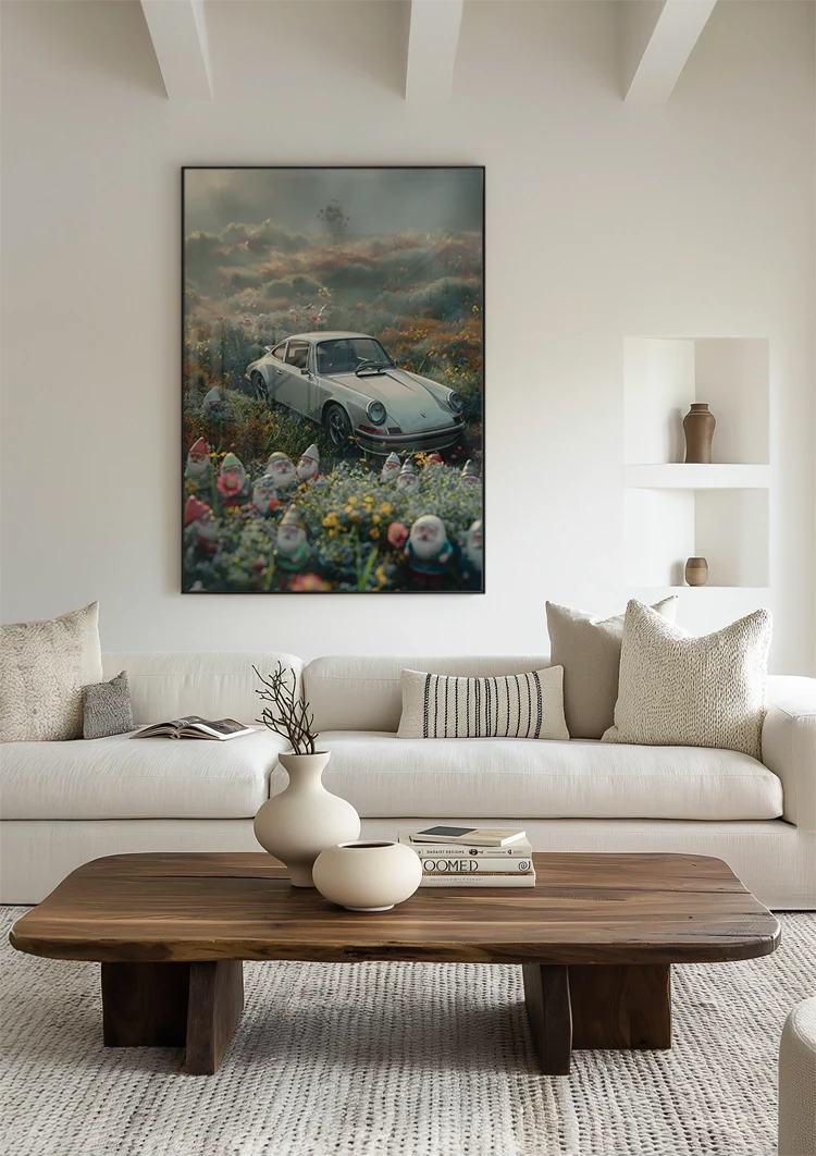 White Porsche 911 Flower Meadow Gnomes Dreamy Mist Painting