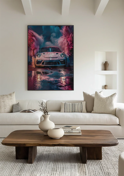 White Porsche GT3 RS Colorful Pink Blue Smoke Clouds Surreal Painting
