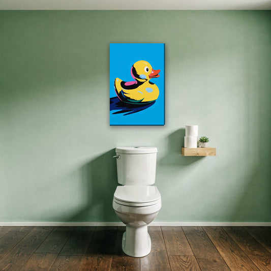 Badeend pop art canvas schilderij aan de muur boven het toilet