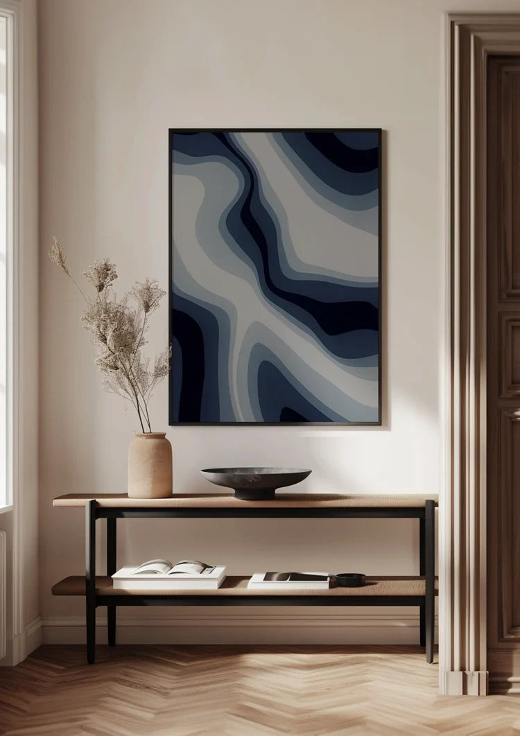 Abstracte Vloeiende Golven Marineblauw Grijs Modern Schilderij