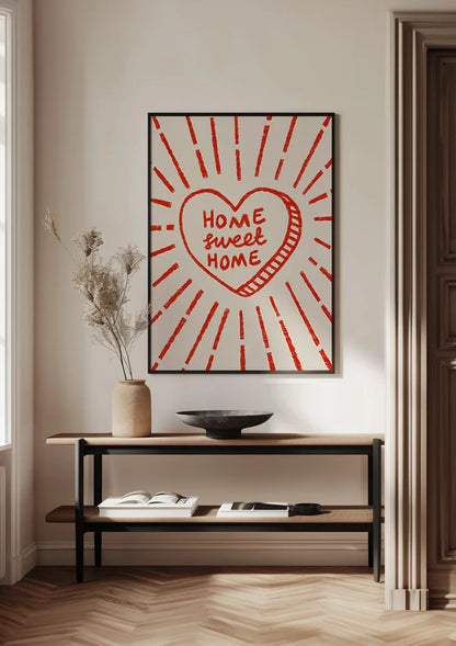 Home Sweet Home Rotes Herz Strahlend Beige Textbild