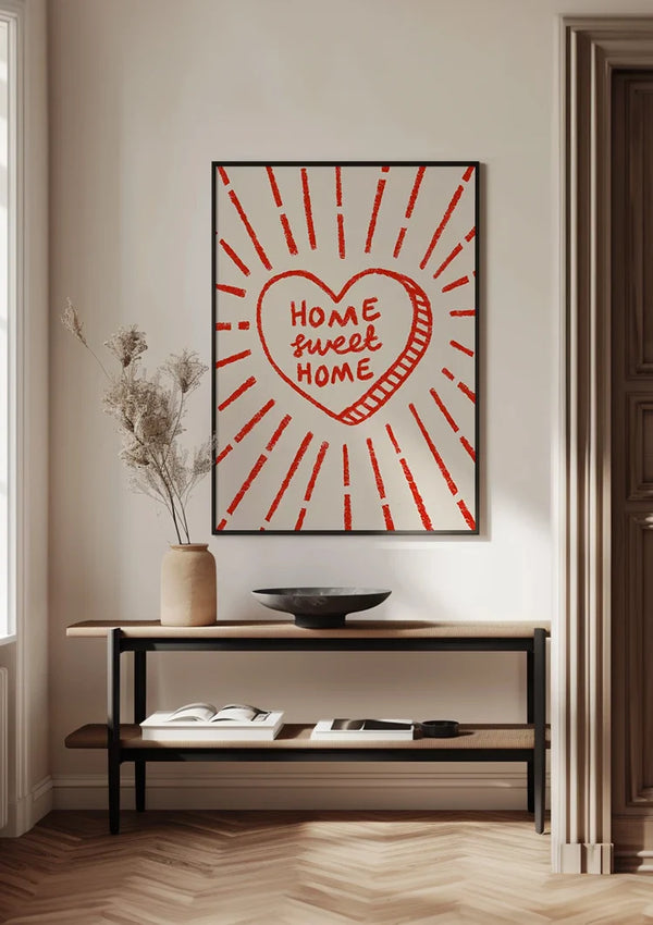 Home Sweet Home Rotes Herz Strahlend Beige Textbild