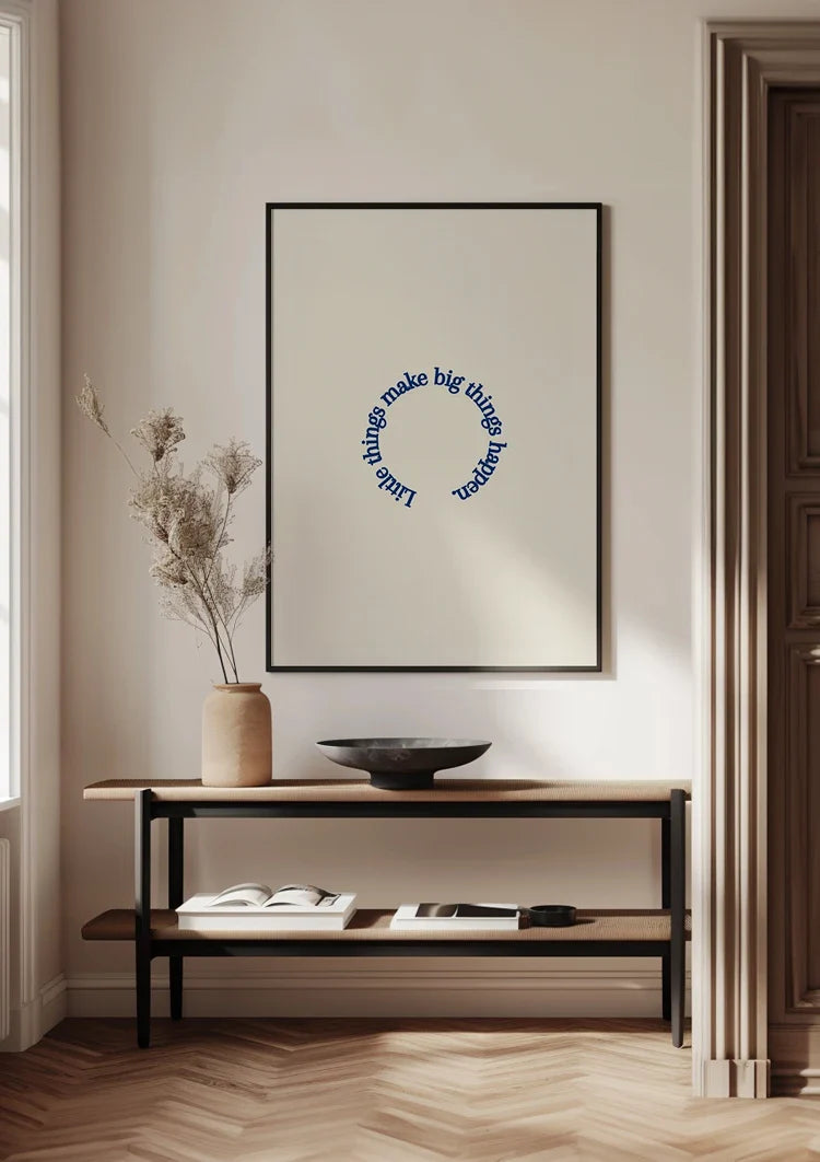 Kleinigkeiten inspirierendes Zitat Kreis Blau Beige Text Bild