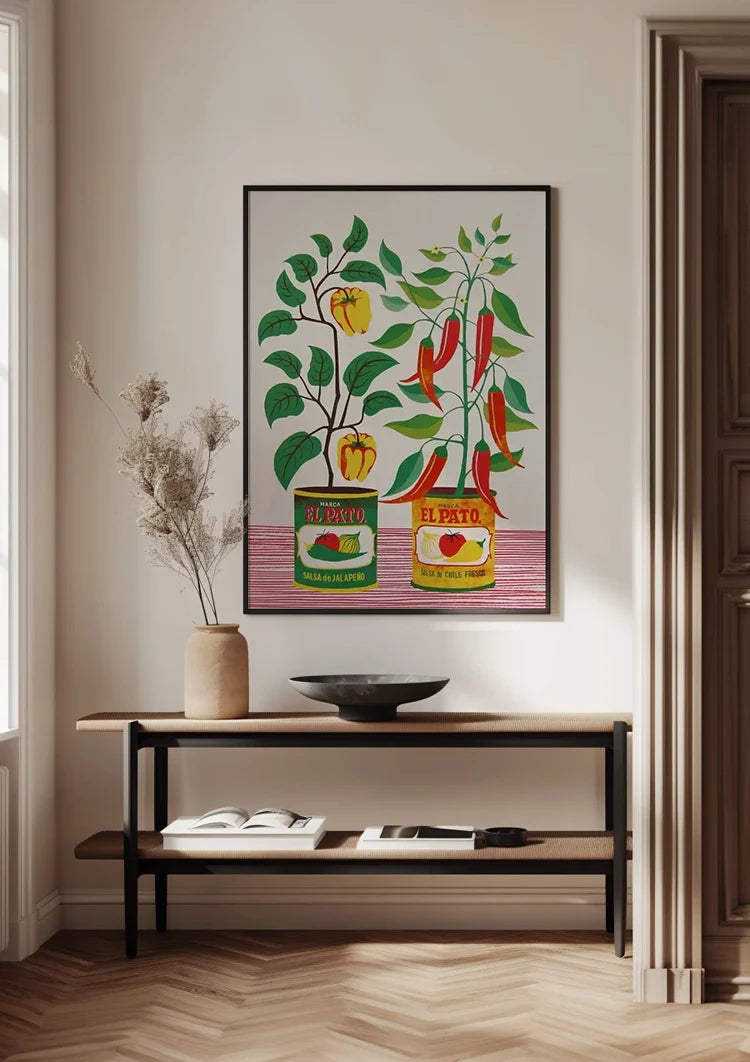 Salsa Blikken Paprika Rode Peper Planten Folk Art Retro Keuken Illustratie Schilderij