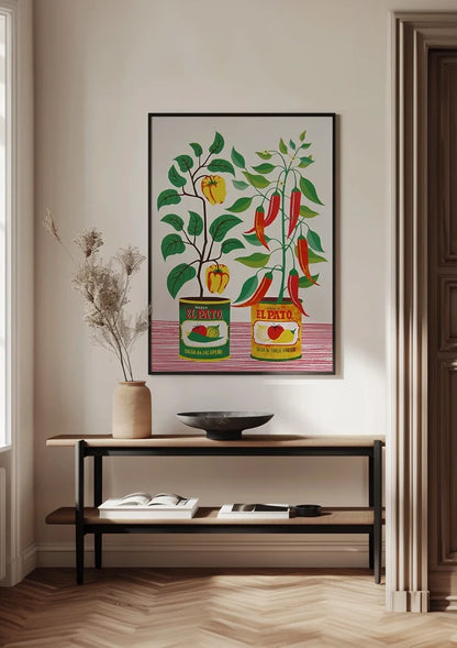 Salsa Blikken Paprika Rode Peper Planten Folk Art Retro Keuken Illustratie Schilderij