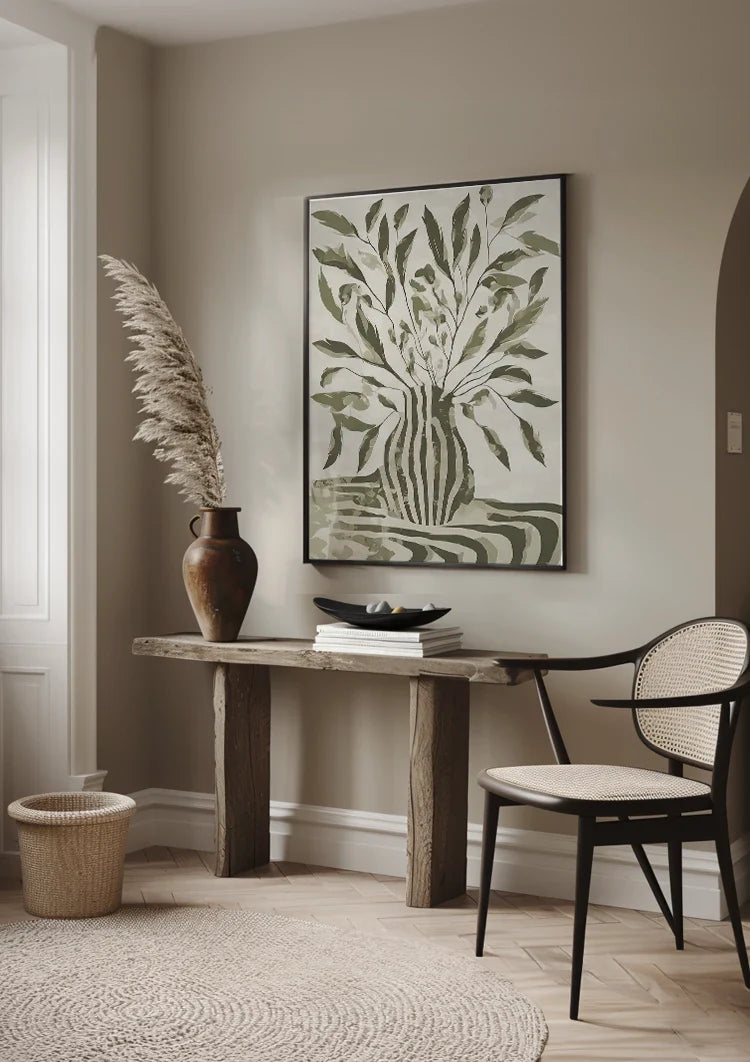 Grüne Pflanze Gestreifte Vase Monochromes Botanisches Gemälde