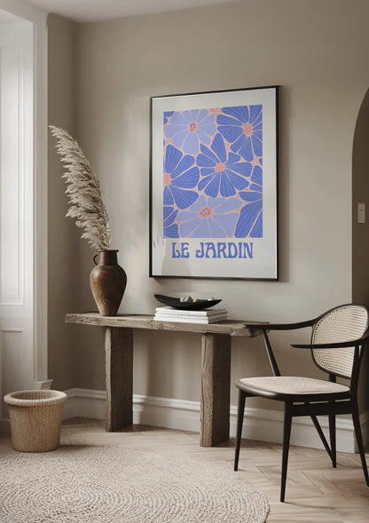 Blaue Lila Blumen Le Jardin Retro-Poster Gartenbild