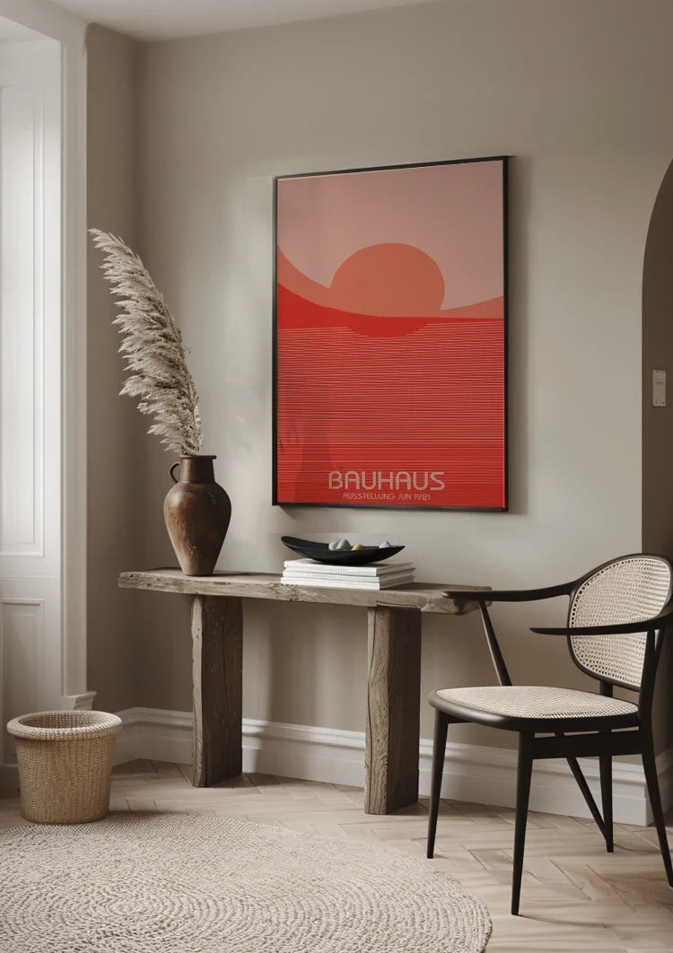 Bauhaus Rode Ondergaande Zon Horizontale Lijnen Schilderij