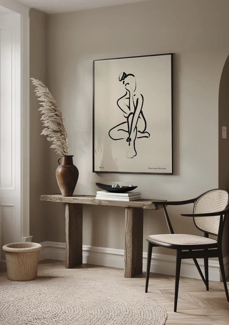 Minimalist Sitting Woman Black Line Art Bohemian Painting