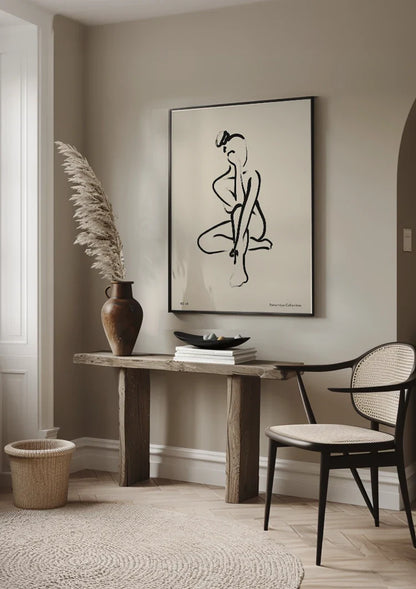 Minimalist Sitting Woman Black Line Art Bohemian Painting