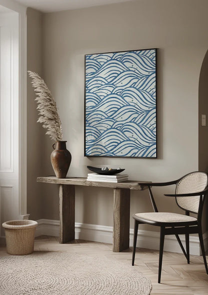 Blue Waves Pattern White Background Ocean Painting