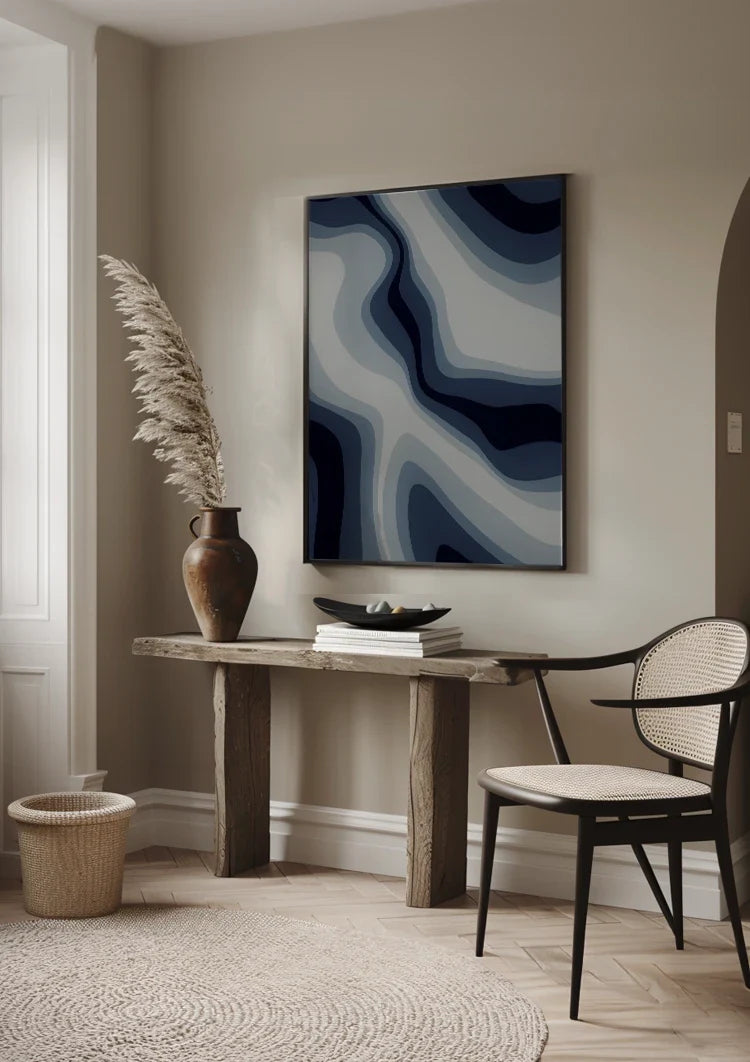 Abstracte Vloeiende Golven Marineblauw Grijs Modern Schilderij