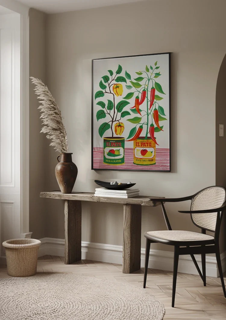 Salsa Blikken Paprika Rode Peper Planten Folk Art Retro Keuken Illustratie Schilderij