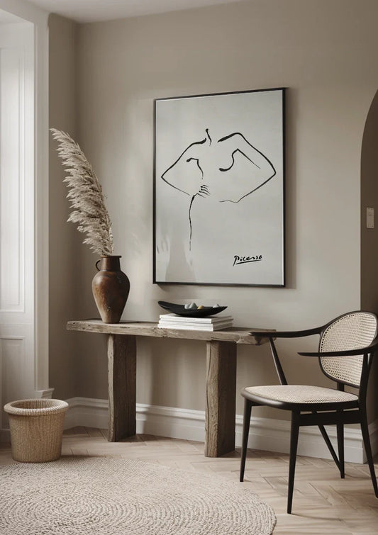 Abstracte vrouw in lijnstijl canvas schilderij aan de muur in de hal.