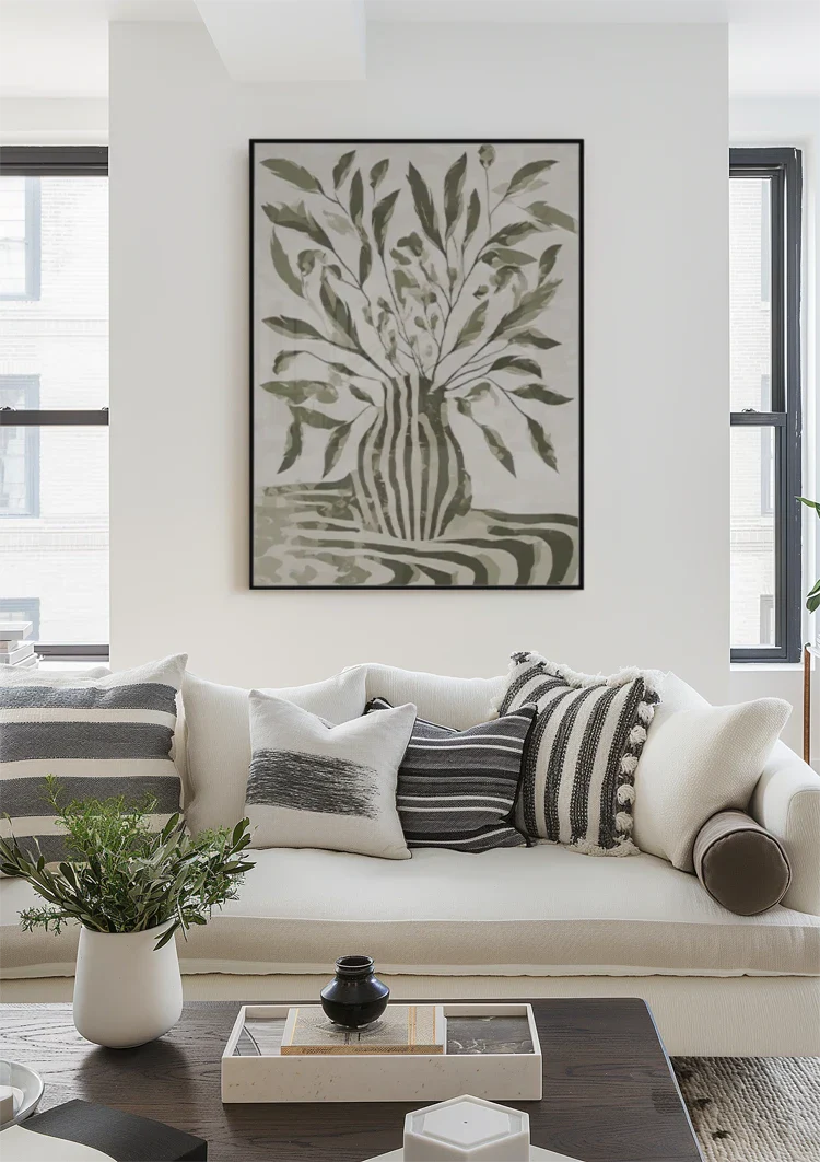 Grüne Pflanze Gestreifte Vase Monochromes Botanisches Gemälde