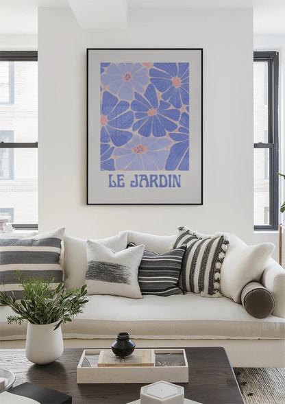 Große Lila-blaue Blumen Blauer Hintergrund Vintage Poster Gemälde