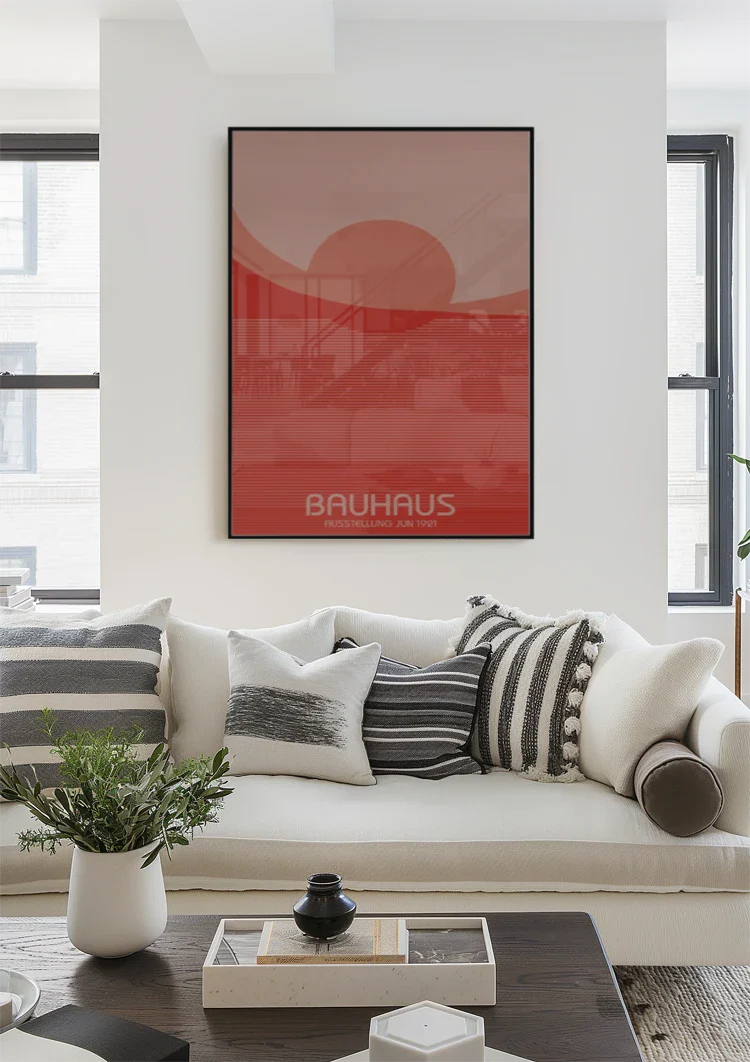 Bauhaus Rode Ondergaande Zon Horizontale Lijnen Schilderij