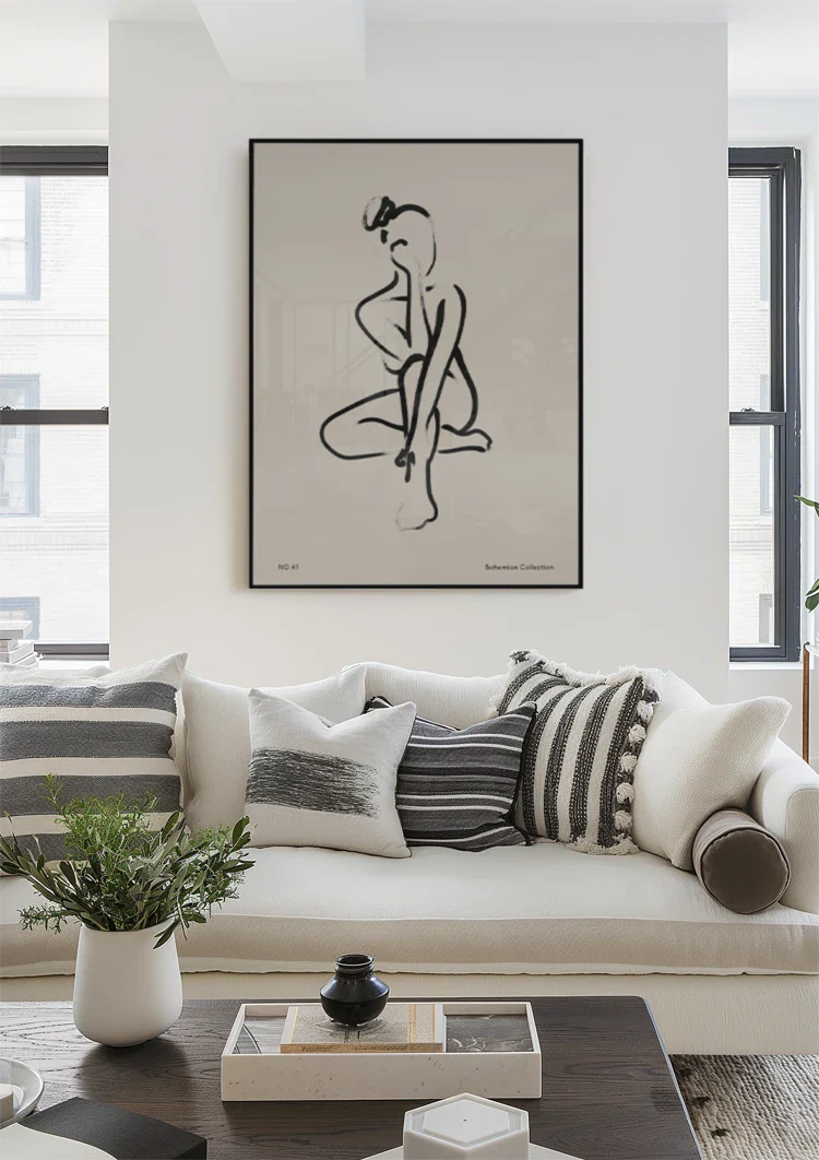 Minimalist Sitting Woman Black Line Art Bohemian Painting