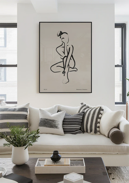 Minimalist Sitting Woman Black Line Art Bohemian Painting