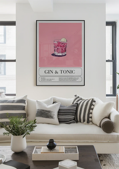 Gin und Tonic Cocktail Illustration Rosa Hintergrund Rezept Malerei