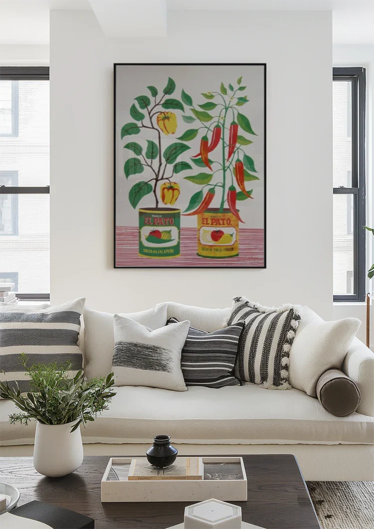 Salsa Blikken Paprika Rode Peper Planten Folk Art Retro Keuken Illustratie Schilderij