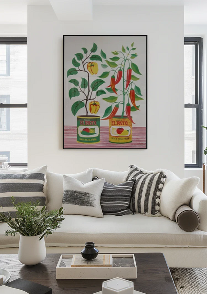 Salsa Blikken Paprika Rode Peper Planten Folk Art Retro Keuken Illustratie Schilderij