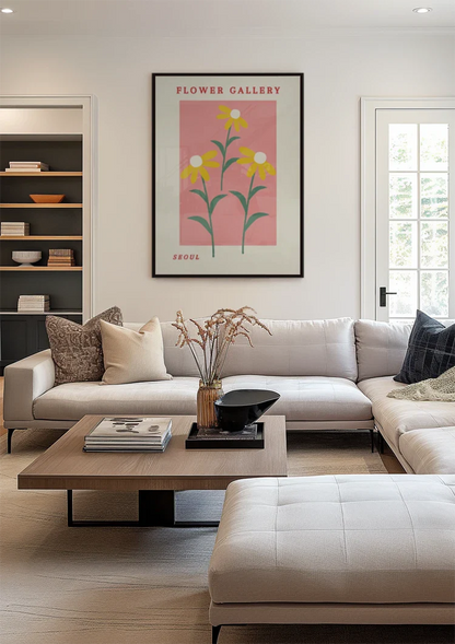 Gelbe Margeriten Rosa Hintergrund Blumengalerie Retro Poster Malerei