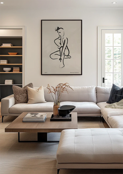 Minimalist Sitting Woman Black Line Art Bohemian Painting