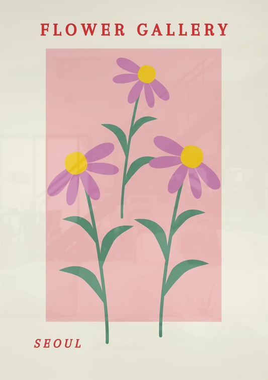 Gestileerde paarse bloemen canvas schilderij aan de muur boven het bed in de slaapkamer